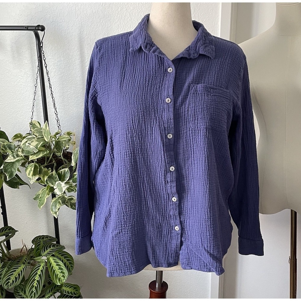 Womens XL Cotton Top Gauze Button Up Shirt Periwinkle Blue Lagenlook Boho Beach